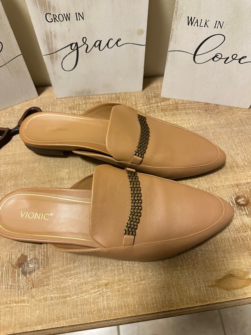 Vionic Tan Leather Slip-On Mules with Chain Trim